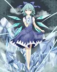  arm_up barefoot blue_eyes blue_hair bow cirno crystal dress glowing hair_bow heisotsu_(otanushi) highres ice light_smile looking_at_viewer md5_mismatch open_hand ribbon short_hair skirt_hold solo touhou wings 