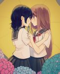  black_hair blush brown_hair eye_contact flower green_eyes hand_on_shoulder hydrangea imminent_kiss long_hair looking_at_another multiple_girls original purple_eyes school_uniform serafuku shared_umbrella shigure_ui short_hair umbrella yuri 