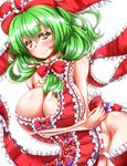  apron blush bottomless bow breast_hold breasts cleavage crossed_arms frills front_ponytail green_eyes green_hair groin hair_bow highres kagiyama_hina large_breasts looking_at_viewer naked_apron ribbon sideboob simple_background smile solo touhou white_background zan_(harukahime) 