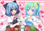  :d apple aqua_eyes banana blue_eyes blue_hair blush bow breasts cherry cirno clenched_hand daiyousei drooling eating fang feeding food fruit green_hair hair_bow hair_ornament hair_ribbon hairclip heart heart-shaped_pupils heart_background holding ice ice_cream ice_wings kokorominton medium_breasts melon multiple_girls oniku_(shimofuri-ke) open_mouth pineapple ribbon short_hair side_ponytail smile spoon strawberry symbol-shaped_pupils touhou watermelon wings wrist_cuffs 