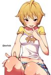  bad_id bad_pixiv_id belly_peek blonde_hair blush breasts finger_to_mouth ibuki_tsubasa idolmaster idolmaster_million_live! looking_at_viewer medium_breasts midriff narumi_arata navel red_eyes short_hair smile solo tongue tongue_out 