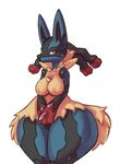  anthro breasts canine female fur happy jackal lookign_at_viewer looking_at_viewer lucario mammal mega_evolution mega_lucario nintendo nipples nude plain_background pok&#233;mon pok&eacute;mon smile solo somna spikes standing thick_thighs video_games white_background wide_hips 