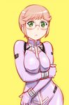  :&lt; alternate_costume blush bodysuit breast_hold breasts brown_hair captain_earth embarrassed glasses green_eyes hino_rita holding_arm medium_breasts short_hair simple_background sketch solo ueyama_michirou yellow_background 