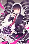  aya_(8819062) black_hair black_legwear bonnet card celestia_ludenberck danganronpa danganronpa_1 drill_hair frills gothic_lolita highres lolita_fashion long_hair monokuma necktie playing_card red_eyes smile solo thighhighs twin_drills twintails 