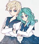  2girls bishoujo_senshi_sailor_moon blonde_hair blue_dress blue_eyes bow crossed_arms dated dress green_hair juuban_high_school_uniform kaiou_michiru multiple_girls ribbon school_uniform serafuku short_hair signature smile ten'ou_haruka very_short_hair white_background yukinami_(paru26i) 