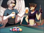  aethial alcohol anthro avian beer beverage breasts brown_hair canine clothed clothing duo eyes_closed female fur gryphon hair male mammal midriff open_mouth roanoak sandra tongue wolf 