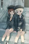  bad_id bad_pixiv_id blonde_hair blue_eyes brown_eyes brown_hair clothes_writing cocolo_(co_co_lo) dress flower hat holding kantai_collection looking_at_viewer multiple_girls parted_lips sailor_dress sailor_hat short_hair sitting sitting_on_stairs smile stairs z1_leberecht_maass_(kantai_collection) z3_max_schultz_(kantai_collection) 