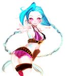  1girl arseyou blue_hair braid breasts hairline jinx_(league_of_legends) league_of_legends pink_eyes shorts smile tattoo 