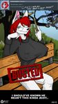  bench breasts bullet canine carving clothed clothing english_text erect_nipples eyewear female glasses green_hair hair looking_at_viewer mammal nipples red_hair shell sitting solo text tree wolf wolfjedisamuel 