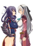  2girls absurdres ao_no_kiseki armor ascot black_hair bow breast_contest breast_press breasts commentary_request eiyuu_densetsu elie_macdowell green_ascot grey_eyes grey_hair grin hair_bow hair_ribbon hairband highres korean_commentary large_breasts long_hair looking_at_another looking_away multiple_girls neckerchief photoshop_(medium) rex_(systembest) ribbon rixia_mao smile symmetrical_docking thighs white_background zero_no_kiseki 