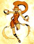  bangle bodysuit bracelet breasts dancing dark_skin din genzoman hair_intakes jewelry large_breasts long_hair navel neck_ring pointy_ears red_hair sandals skin_tight sleeveless smile solo the_legend_of_zelda the_legend_of_zelda:_oracle_of_seasons toes toned very_long_hair 