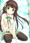  black_legwear blush brown_hair cardigan flower gochuumon_wa_usagi_desu_ka? green_eyes green_skirt hair_flower hair_ornament lifted_by_self long_hair looking_at_viewer niiya pantyhose pantyhose_pull plaid plaid_skirt school_uniform skirt skirt_lift smile solo ujimatsu_chiya 