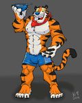  4_toes abs anthro biceps big_muscles bowl claws clothing feline fur k-9 kellogg's male mammal mascot muscles orange_fur pecs plain_background shorts solo tiger tony_the_tiger 