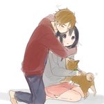  1girl animalization black_eyes black_hair brown_hair closed_eyes couple dog dual_persona hetero hug hug_from_behind kitashirakawa_tamako long_hair momose_(oqo) ooji_mochizou short_hair tamako_market 