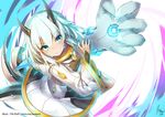  2014 artist_name blue_eyes dated ellen_(pale_blue) from_above horns looking_up monster_girl multiple_tails pale_blue signature tail tilt-shift watermark web_address white_hair wide_sleeves 