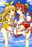  :p absurdres aihara_enju anklet ass barefoot bikini black_bullet blonde_hair bow brown_hair cloud day detached_sleeves feet flat_chest fujima_takuya hair_bow highres holding_hands jewelry legs long_hair looking_back multiple_girls non-web_source nyantype official_art outdoors red_eyes scan sky soles swimsuit tenchu_gaazu tenchu_red tenchu_yellow toes tongue tongue_out twintails very_long_hair water wet yellow_eyes 