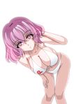  alternate_costume bikini breasts hair_tousle hand_on_own_knee highres large_breasts leaning_forward looking_at_viewer pink_eyes pink_hair saigyouji_yuyuko short_hair solo stomach swimsuit touhou white_bikini 