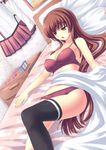  bed black_legwear blanket blouse bow bow_panties bra breasts brown_eyes brown_hair hair_down hair_ornament highres kantai_collection large_breasts long_hair lying on_back on_bed open_mouth panties petals pillow red_bra red_panties single_thighhigh skirt solo srwsrx_(gp03dsrx) thighhighs underwear underwear_only watch yamato_(kantai_collection) 