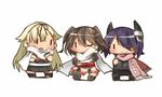  :&gt; =d blonde_hair bow brown_hair chibi eyepatch fingerless_gloves gloves hair_bow hair_flaps hair_ornament hair_ribbon hairclip headgear highres kantai_collection long_hair multiple_girls open_mouth purple_hair remodel_(kantai_collection) ribbon scarf school_uniform sendai_(kantai_collection) serafuku short_hair smile tanaka_ahiru tenryuu_(kantai_collection) two_side_up yuudachi_(kantai_collection) |_| 