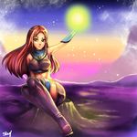  1girl alien bracer cartoon_network dc_comics female glow glowing green_eyes halter_top halterneck hime_eyebrows kankitsuru long_hair midriff night night_sky orange_skin red_hair short_eyebrows sitting skirt sky solo starfire teen_titans thighhighs zettai_ryouiki 