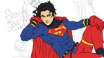  1boy belt black_hair blue_eyes bodysuit character_name dc_comics gloves head_rest male male_focus red_gloves s_shield sitting solo superboy superman_(series) young_justice 