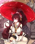  1girl admiral_(kantai_collection) black_legwear blush breasts brown_hair cherry_blossoms detached_sleeves flower hair_flower hair_ornament hews_hack highres kantai_collection large_breasts long_hair miniskirt oriental_umbrella petals ponytail red_eyes single_thighhigh sitting skirt smile thighhighs umbrella very_long_hair yamato_(kantai_collection) 