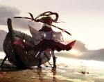  back boat boots brown_hair cloud from_behind hair_ornament hair_ribbon holding holding_weapon original reflection ribbon skirt sky sword twintails untan_(nanathy) water watercraft weapon wooden_sword 