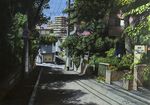  cityscape colored_pencil_(medium) dated day hayashi_ryouta no_humans original power_lines real_world_location road road_sign scenery sign signature street telephone_pole tokyo_(city) traditional_media tree tree_shade 