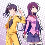  araragi_karen bad_id bad_twitter_id bakemonogatari black_hair blue_eyes brown_eyes collarbone hair_ornament hairclip hood hoodie long_hair monogatari_(series) multiple_girls necktie nisemonogatari purple_hair school_uniform scissors senjougahara_hitagi shaft side_ponytail skirt thighhighs yoplait zettai_ryouiki 