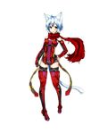  :d animal_ears bare_shoulders blue_hair boots cat_ears cat_tail cleavage_cutout fang full_body hand_on_hip highres open_mouth original phantasy_star phantasy_star_online_2 red_scarf ryota_tentei scar scarf short_hair short_shorts shorts side_cutout smile solo standing tail thigh_boots thighhighs tora_tentei transparent_background yellow_eyes 