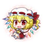  ascot blonde_hair chibi fang flandre_scarlet gradient gradient_background hat hat_ribbon kneehighs knees_up looking_at_viewer mob_cap noai_nioshi open_mouth outline puffy_short_sleeves puffy_sleeves red_eyes ribbon short_hair short_sleeves side_ponytail sitting skirt skirt_set solo star striped striped_legwear touhou wings 