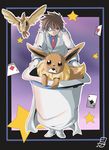  1boy card crossover eevee formal hat kuroba_kaitou magic_kaito magician male male_focus miyumayu monocle pidgey playing_card pokemon suit 