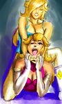  adapted_costume bare_shoulders bared_teeth blonde_hair blue_eyes breasts camel_clutch cleavage elbow_gloves gloves hair_over_one_eye large_breasts leotard lipstick makeup mario_(series) miss_teaspoon multiple_girls open_mouth pain princess_peach rosetta_(mario) ryona strangling submission_hold super_mario_bros. wrestling wrestling_outfit 