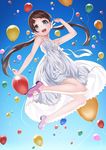  balloon bare_legs blue_eyes blush brown_hair dress kyon_(fuuran) long_hair looking_at_viewer mary_janes open_mouth original shoes smile solo sundress 