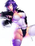  belt bloom breasts covered_navel covered_nipples cropped_jacket curvy fingerless_gloves ghost_in_the_shell ghost_in_the_shell_stand_alone_complex gloves gun highleg highleg_leotard hips jacket kusanagi_motoko large_breasts leather leather_jacket leotard onsoku_maru purple_hair purple_leotard red_eyes short_hair solo thighhighs thighs toned weapon 