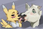  anthro_on_feral bestiality big_lips black_lips black_sclera blush bovine cattle chest_tuft digimon drooling female feral fur horn interspecies kissing licking mammal mane messy nude purple_eyes renamon saliva teal_eyes tongue tuft ungulatr 