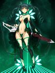  bare_shoulders black_gloves breasts breasts_apart c-string center_opening collar collarbone fingerless_gloves full_body gloves green_background green_eyes green_hair groin hair_ribbon highres hiruno long_hair looking_at_viewer medium_breasts navel original ribbon sheath sheathed shoes solo standing sword twintails weapon 