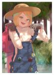  1girl blonde_hair chainsaw chromatic_aberration e_draw_paint fate/grand_order fate_(series) female flat_chest gloves hat naked_overalls open_mouth outdoors overalls paul_bunyan_(fate/grand_order) sharp_teeth solo strap_slip straw_hat sweat teeth twitter_username yellow_eyes 