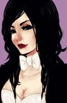  1girl black_hair bow bowtie breasts cleavage coat dc_comics female magician portrait solo white_bowtie zatanna_zatara 
