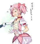  &gt;_&lt; bad_id bad_twitter_id blush bow breasts cleavage closed_eyes collarbone dress dress_tug flying_sweatdrops gloves hair_bow kaname_madoka magical_girl mahou_shoujo_madoka_magica miki_sayaka open_mouth out_of_frame pink_hair short_twintails small_breasts solo_focus soul_gem sweatdrop translated twintails wavy_mouth yoplait 