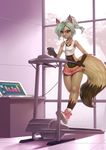  breasts brown_fur canine clothed clothing computer exercise female fluffy_tail fox frowning fur green_eyes green_hair hair long_tail mammal midriff music phone playfurry running shirt shorts skimpy solo sweat tank_top treadmill 