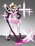  :&lt; blonde_hair blue_eyes breasts diepod hairband hand_on_hip highres huge_weapon kamui_(kill_la_kill) kill_la_kill large_breasts mandy midriff navel older parody revealing_clothes scythe short_hair solo sparkle suspenders the_grim_adventures_of_billy_&amp;_mandy weapon 