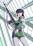  battle_rifle belt blue_eyes blue_hair breasts densetsu_kyojin_ideon dress gun highres karala_ajiba lips looking_back m14 medium_breasts military military_uniform pantyhose ponytail pork_(fordfairlane) rifle short_dress sling solo uniform weapon 