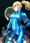  armpits bangs black_background blonde_hair blue_eyes bodysuit breasts collarbone colored_eyelashes contrapposto covered_navel cowboy_shot from_side gloves gun hair_between_eyes hand_on_hip handgun high_ponytail highres hip_bones holding holding_weapon looking_to_the_side medium_breasts metroid metroid:_other_m metroid_(creature) mole mole_under_mouth monster ponytail samus_aran scrunchie shunzou skin_tight smile standing steam thigh_strap turtleneck weapon zero_suit 