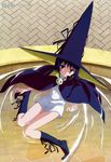  absurdres blue_hair boots brown_eyes cape hasegawa_shin'ya hat highres legs maji_moji_rurumo megami non-web_source official_art rurumo short_hair solo water witch_hat 