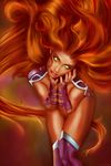 1girl alien boots dc_comics female glowing glowing_eyes green_eyes long_hair no_pupils solid_eyes solo starfire thigh_boots thighhighs 