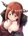  blush breast_hold breast_pinch breasts cleavage collarbone crossed_arms d: dress fake_horns fur_trim horns huge_breasts long_dress long_hair long_sleeves maou_(maoyuu) maoyuu_maou_yuusha open_mouth red_eyes solo tonky 
