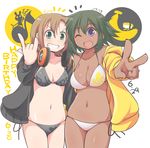  bad_id bad_pixiv_id bikini black_bikini blush breasts brown_hair celebi_ryousangata dark_skin green_eyes green_hair idolmaster idolmaster_cinderella_girls jacket large_breasts looking_at_viewer medium_breasts multiple_girls natalia_(idolmaster) one_eye_closed open_mouth purple_eyes short_hair swimsuit tada_riina v 