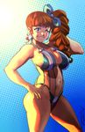  alternate_hairstyle belly bikini bliss_barson blue_eyes blue_lipstick bow breasts brown_hair cryamore curly_hair curvy earrings eyeshadow hair_bow hand_on_hip jewelry large_breasts lipstick long_hair makeup mole navel robert_porter side_ponytail sideboob solo swimsuit 