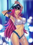  absurdres armband armpits bangle big_hair blue_eyes blue_shorts bracelet bracer breasts carlos_javier cleavage covered_nipples cuffs cutoffs denim denim_shorts final_fight handcuffs hat highres jewelry large_breasts long_hair md5_mismatch midriff navel open_fly peaked_cap pink_hair poison_(final_fight) riding_crop short_shorts shorts slender_waist solo standing tank_top unzipped very_long_hair 